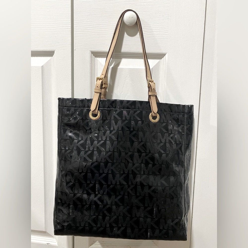 Michael Kors black bag/purse/tote gold details tan strap